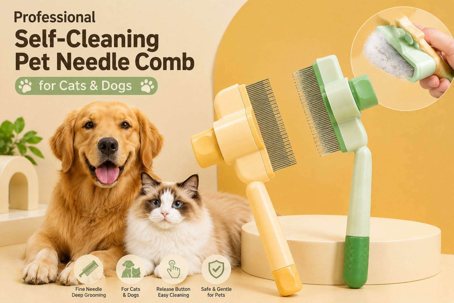 Pet needle comb for cats and dogs with a dog and cat sitting next to it on a beige background.