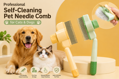 Pet needle comb for cats and dogs with a dog and cat sitting next to it on a beige background.